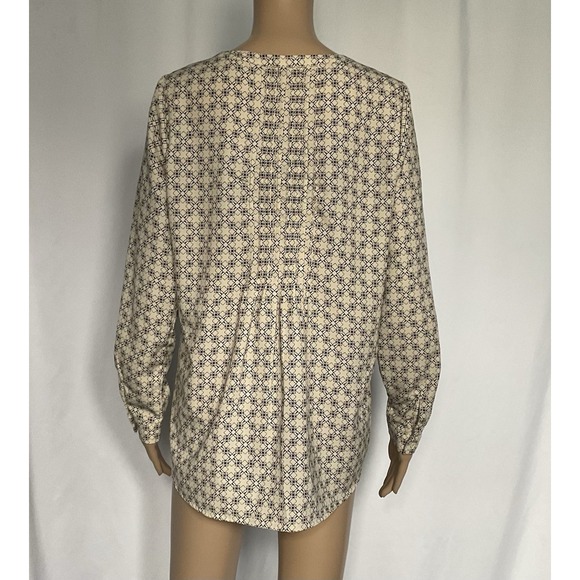 Pleione Womens  Cream Black Geometric  Blouse Top sz S V-Neck Long Sleeve - Picture 3 of 8